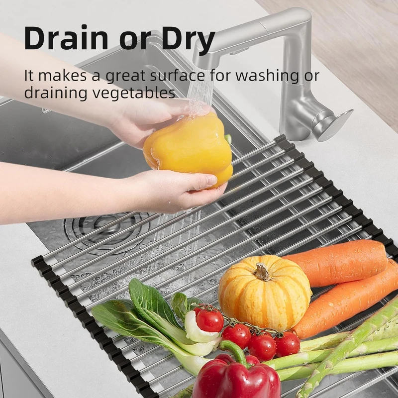 15-Tube Stainless Steel Foldable Sink Drain Rack 12×20 Inch Kitchen Dish Vegetable Draining Holder Kitchen Draining Organizer