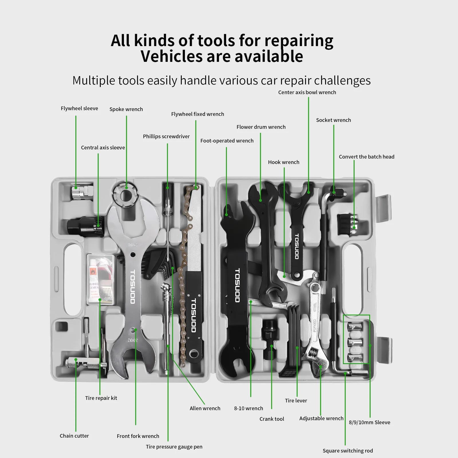TOSUOD Professional Bicycle Repair Tool Kits 44 in 1 Multifunction Bike Wrench Fix Tool Fork Pedal Wrench Flywheel Fixing Wrench