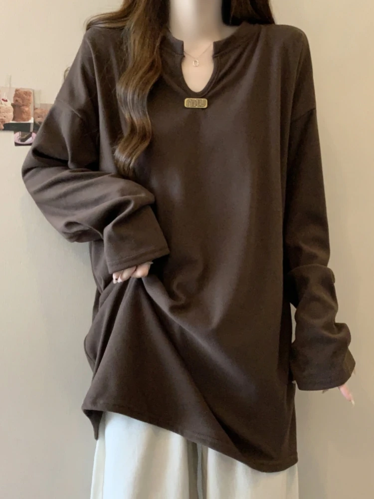 Loose Long Sleeve V-Neck T-Shirt Women's Early Spring plus Size Comfortable Mid-Length Cover Butt Top Casual Commute Style
