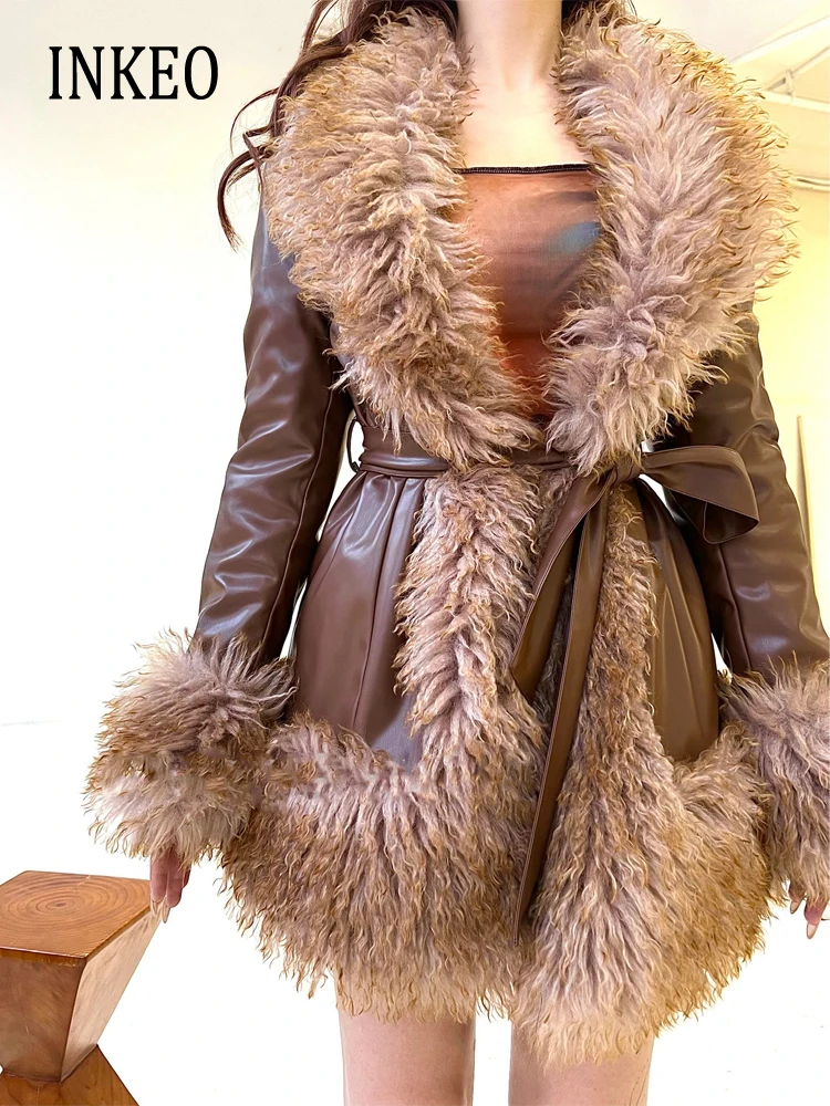 Women Warm Faux fur coat Warm Cotton padded jacket with belt Brown 2024 Winter Design outwear Vintage Parkas INKEO 3O350