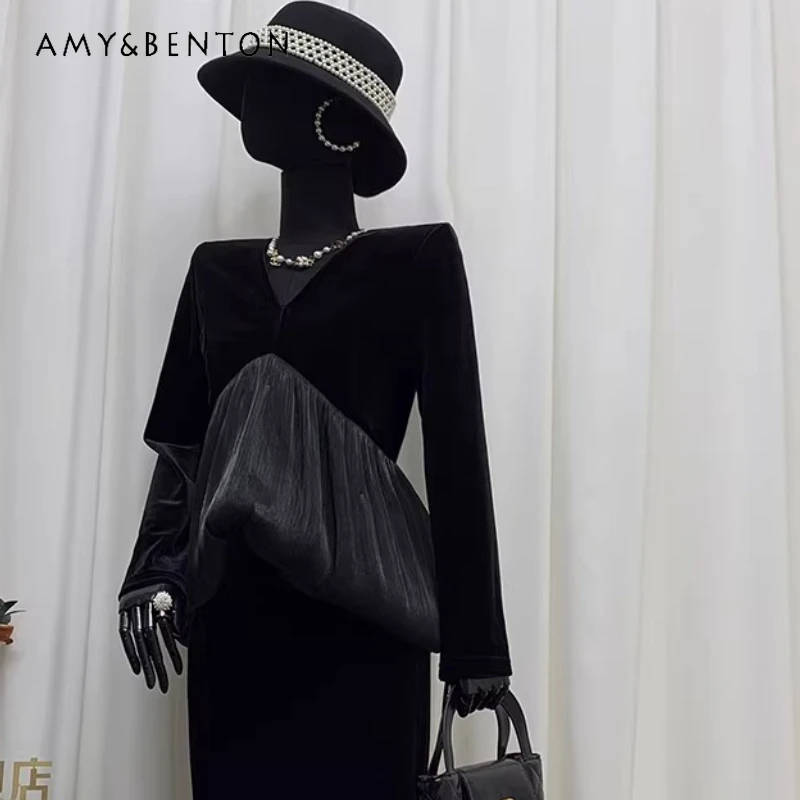 

2026 Spring New Black Slimming High Waist Women's Long Dress Original Design Elegant Socialite Velvet Splicing Dresses Ladies