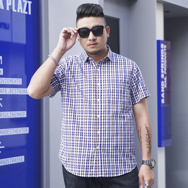 Summer Men's Short Sleeve Shirt Plus Size Loose Business Casual Color Woven Checkered Shirt
