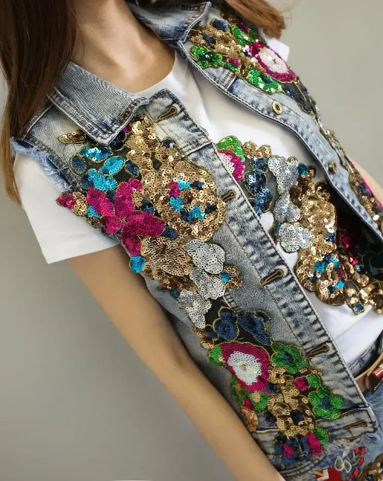 النمط الأوروبي الدنيم البدلة موضة الزي المرأة الجديدة زهرة مطرزة سترة جينز وسراويل جينز قطعتين مجموعة الإناث #6