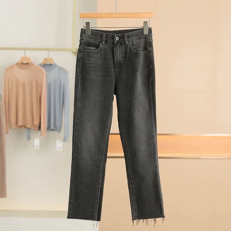 

High Waist Nine Points Simple Jeans Cotton Stretch Casual Straight Leg Pants for Women Brand Button Spring New Sle