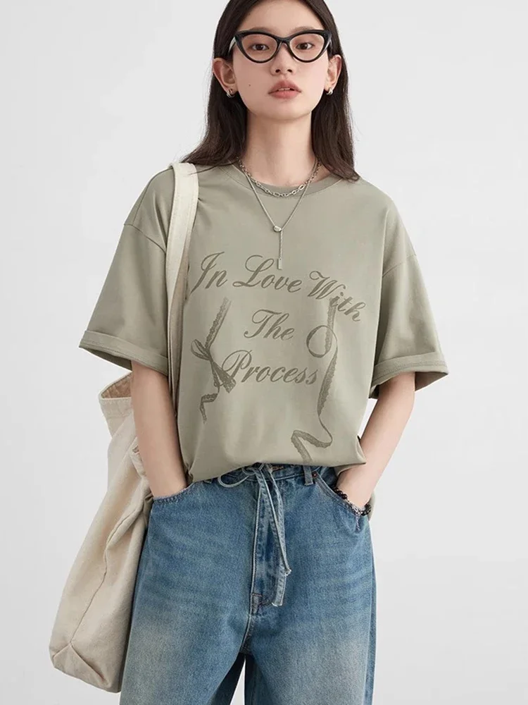 CHIC VEN Women T-Shirts New Minimalist Cotton Letter Printed Knitted T-shirt Loose Short Sleeved Female Top Spring Autumn 2024