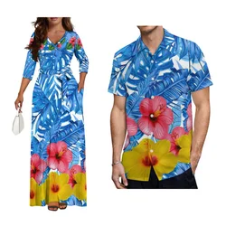 Samoa Patterned Flower Print Custom Couple Clothing Women V-Neck Temperament Long Skirt Waistband Slim Dress Men'S Shirt