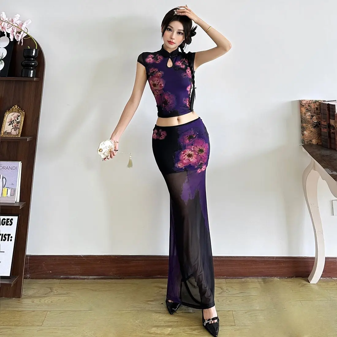 

Modern Cheongsam Set Sheer Maxi Dress with Frog Closure Top Oriental Dreamcore Aesthetic Sexy Qipao Two Piece Outfit