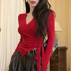 2023 New Early Autumn Fashion Pure Lust Style Sexy V-Neck Waist Strap Small Group Solid Color Irregular Versatile Spicy Girl Top