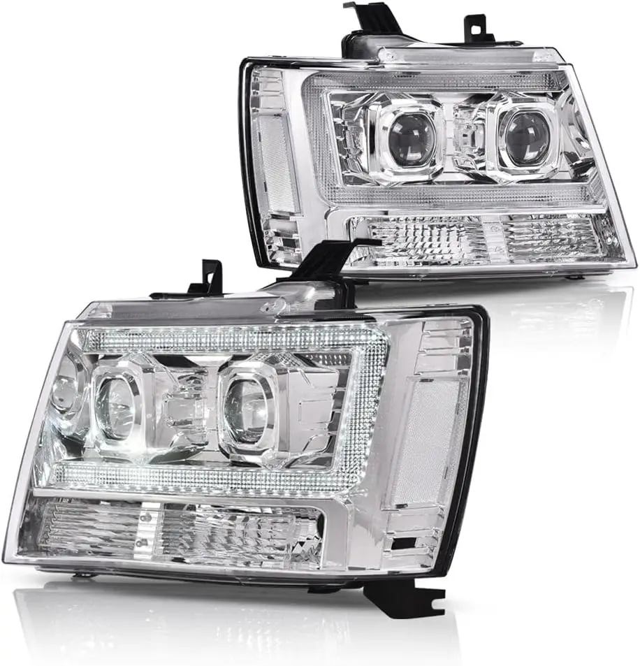 

LED Tube Dual Projector Headlights, Compatible with 2007-2014 Chevy Tahoe/Suburban bumper Headlamp assembly, Clear lens Chrome H