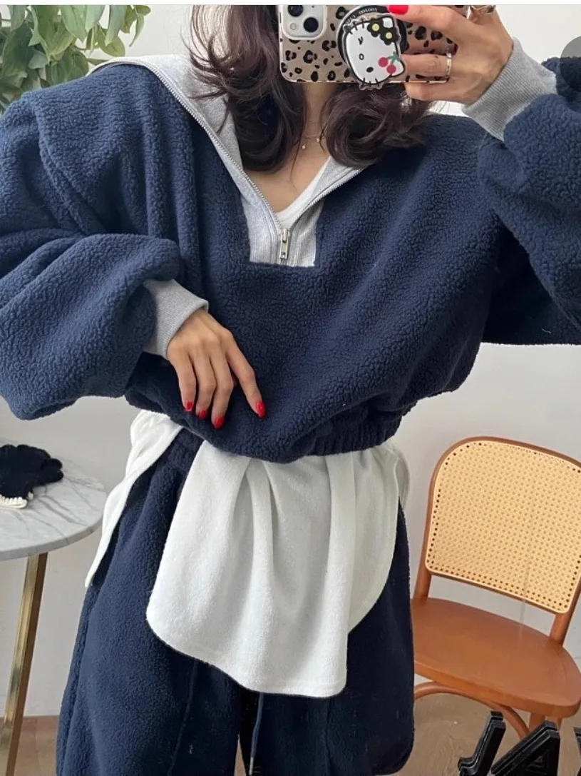 

Lamb Fur Hoodie Jaet Women's Color Blo Large Collar ort Thi Warm Casual Pants Set Autumn Winter Thiened Warmth High...