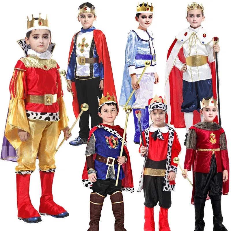 Bambini Ragazzi Carnevale Cosplay Dress Up Costume da re medievale Principe Mantello Corona Set Festa di Natale Senza scettro RK5313v;6,a'3.k;8,