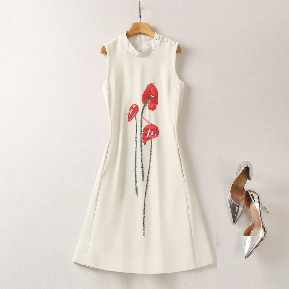 

European and American women's clothes 2023 summer new Sleeveless stand collar embroidery Fashion Vest Dress