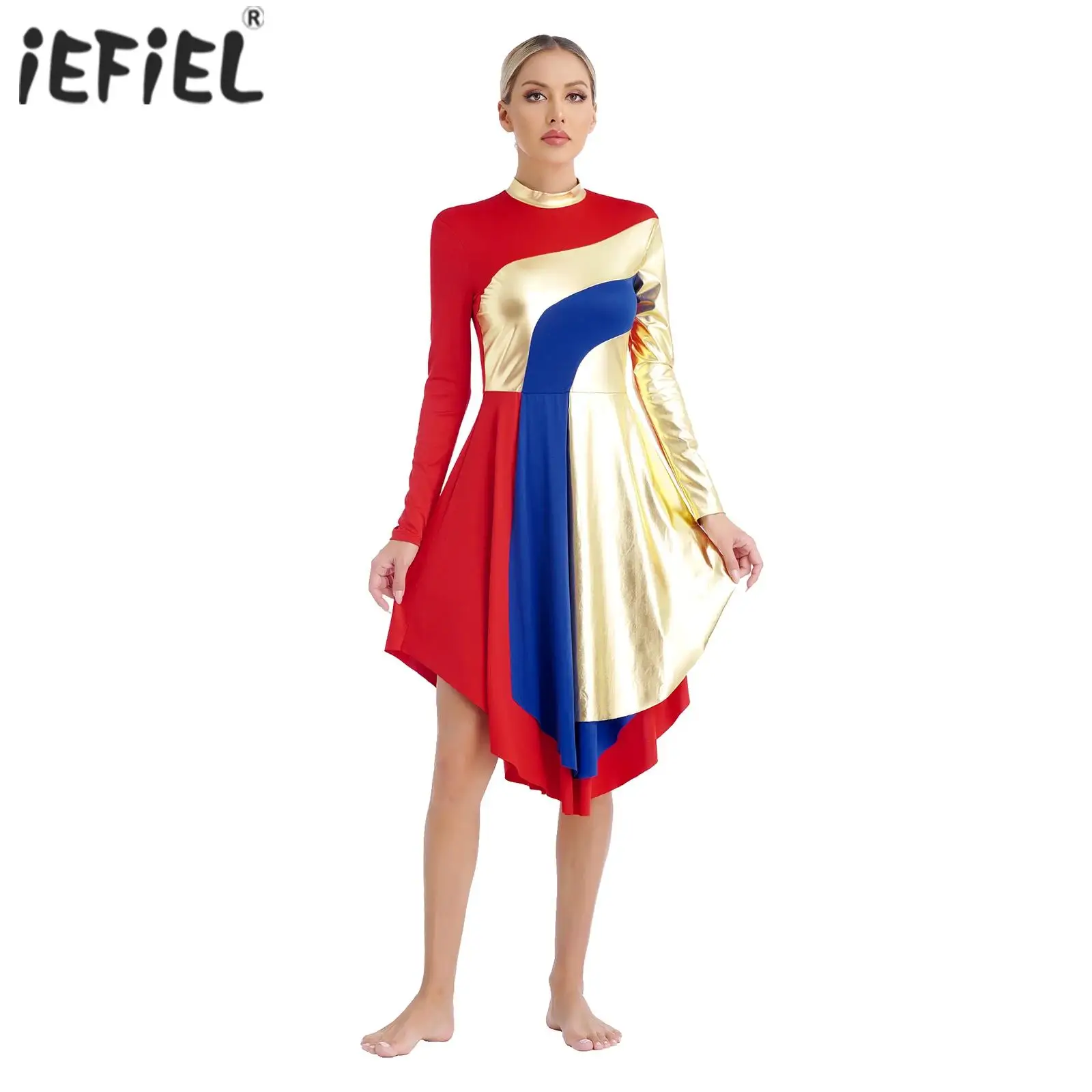 

Womens Liturgical Praise Worship Dance Dresses Mock Neck Long Sleeve Curved Hem Choir Ballet Lyrical Dance Performance Dress