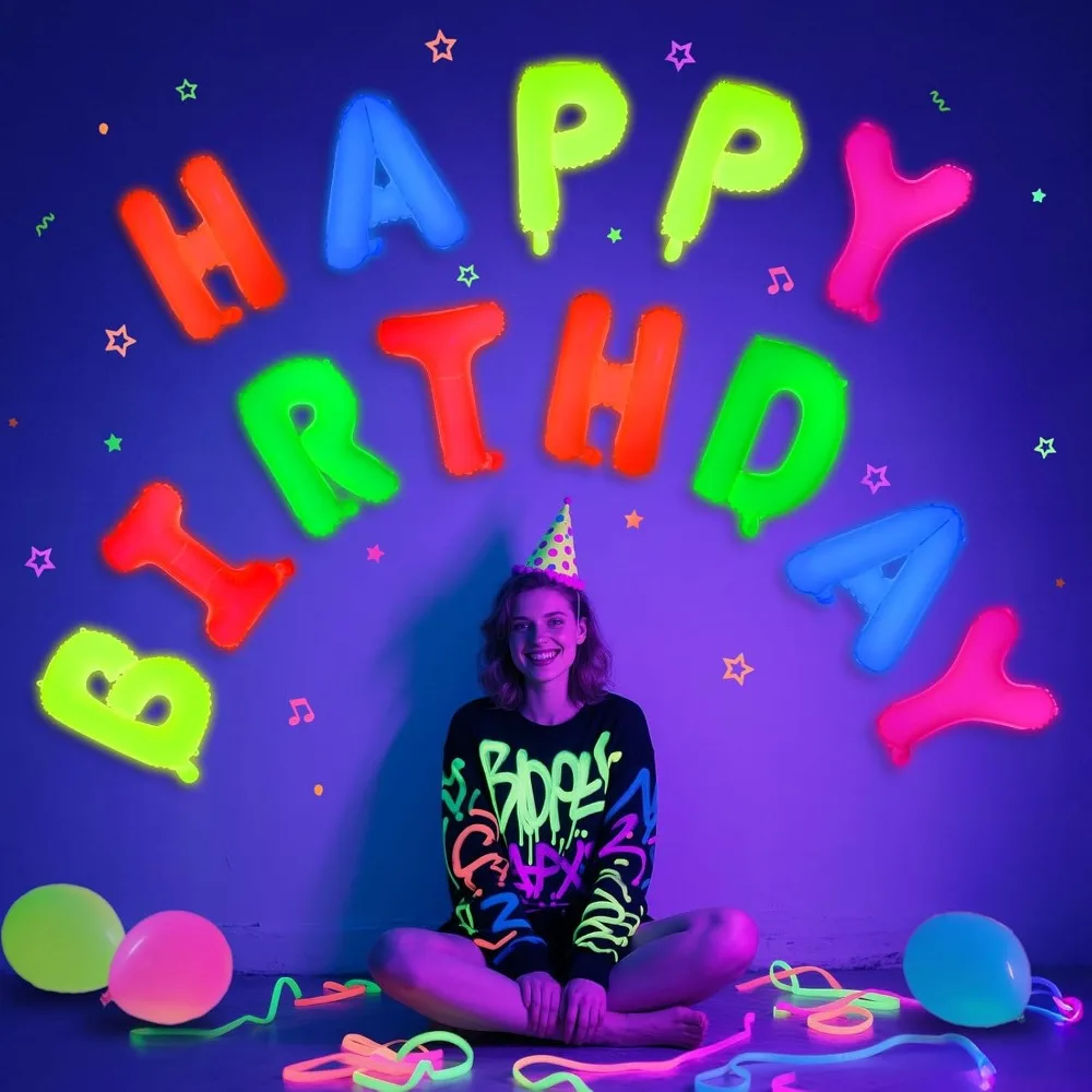 

Glow in The Dark Party Supplies, 16 Inch Fluorescent Happy Birthday Balloons,Black Light Happy Birthday Sign Photo Booth