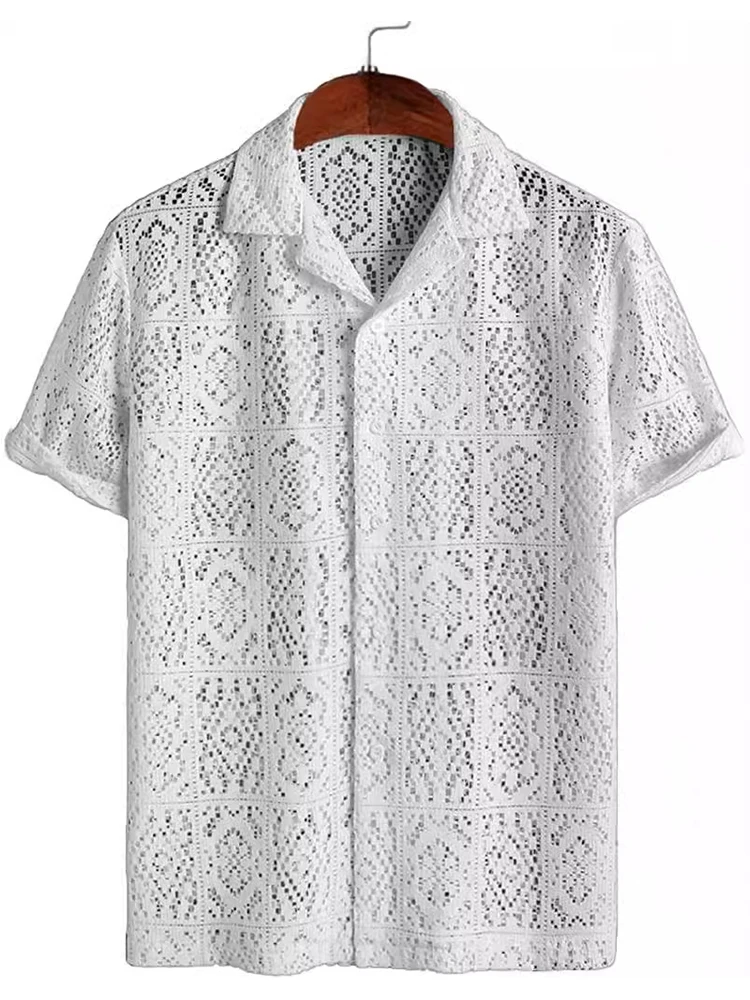 2025 Summer New Casual Mesh Shirt Tops Mens Short Sleeve Lapel Buttoned Mesh Lace Shirts For Men Sexy Transparent Cardigan Tops