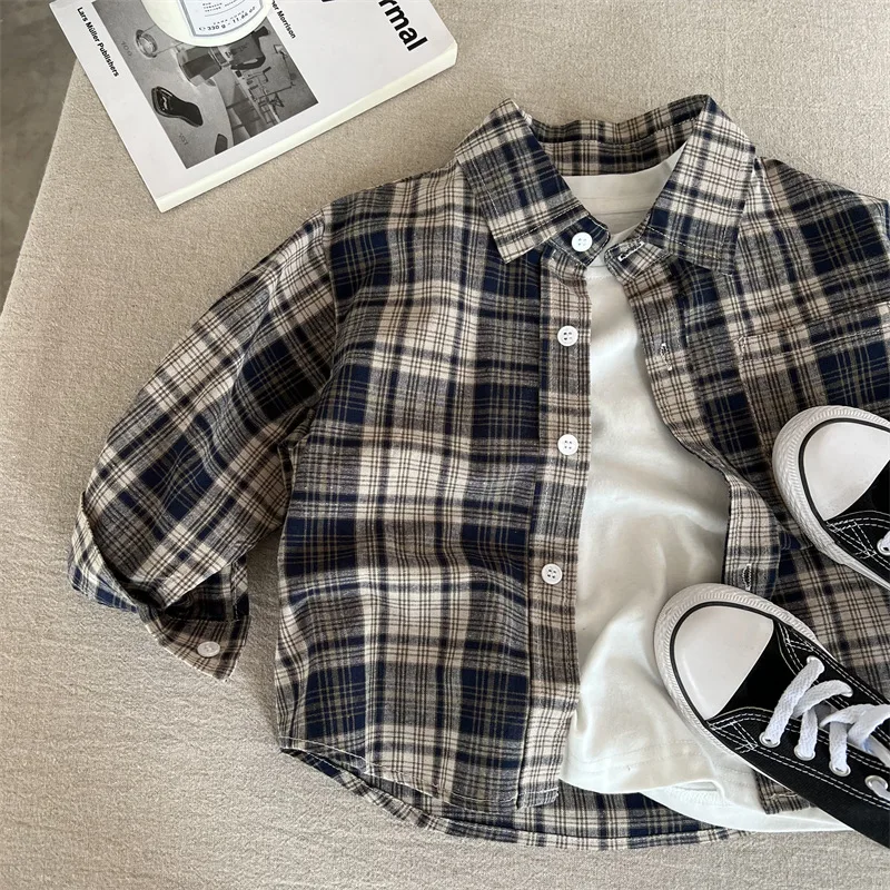 Childrens Shirt 2024 Autumn New Product Boys and Girls Embroidered Checkered Shirt Baby Versatile Top Coat Fashion Shirt