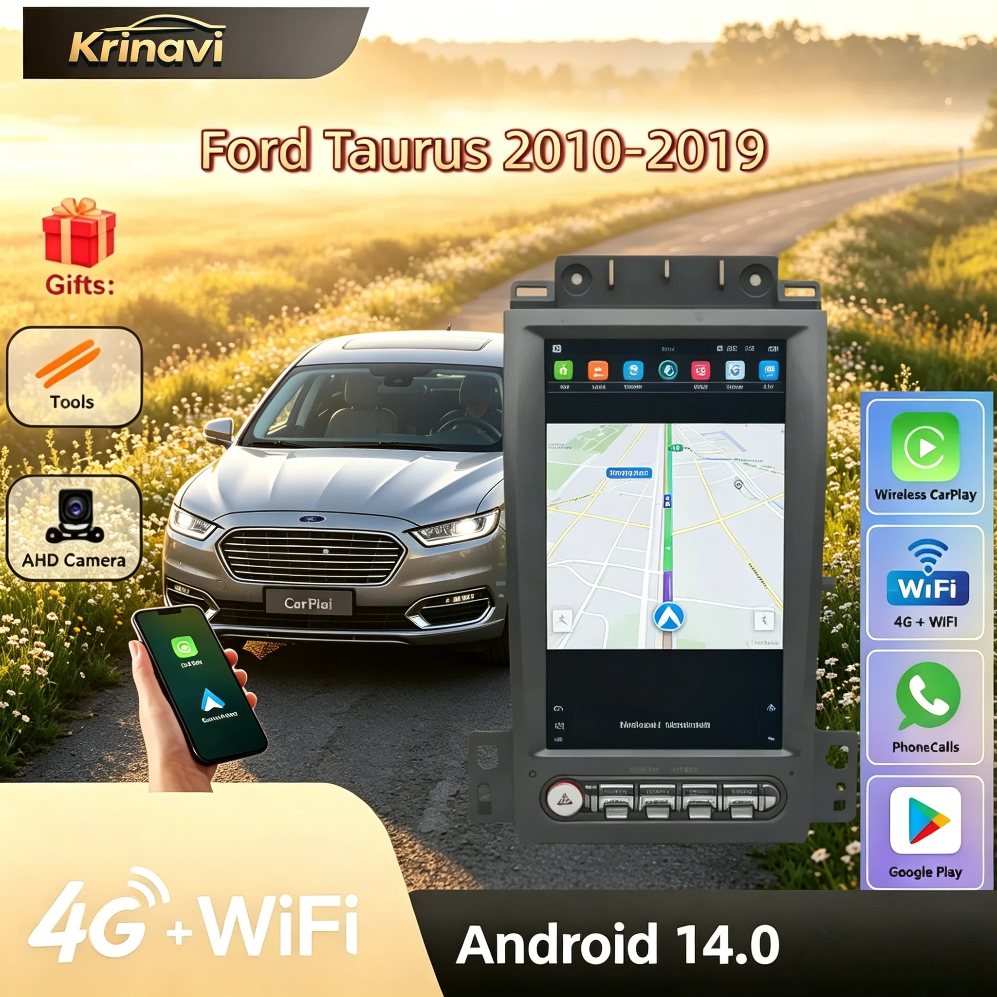 12.8 Inch Vertical Screen Android 14 Car Radio Full Fit For Ford Taurus 2010-2019 GPS Navi Multimedia Player CarPlay 4G