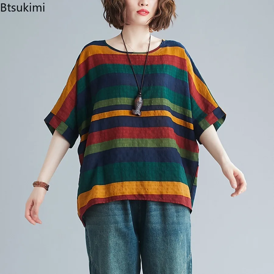 2024 Oversized Women Clothing Vintage Striped Print Loose Casual O-neck T-shirts Summer Batwing Sleeve Cozy Versatile Women Tops