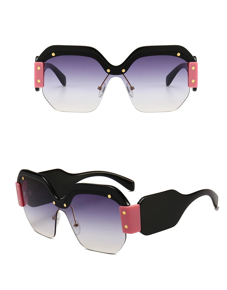45341 Lady Trend Quadratische Halbrahmen-Sonnenbrille, große Größe, Cat-Eye-Nieten-Schutzbrille, Designer-Sonnenschutz mit Farbverlauf und Spiegel – Detail 15