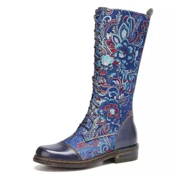 Women's autumn boots Knee-High Cross tied PU 3CM Square high heels Embroidery embroidery Retro Women Shoes Treasure Blue