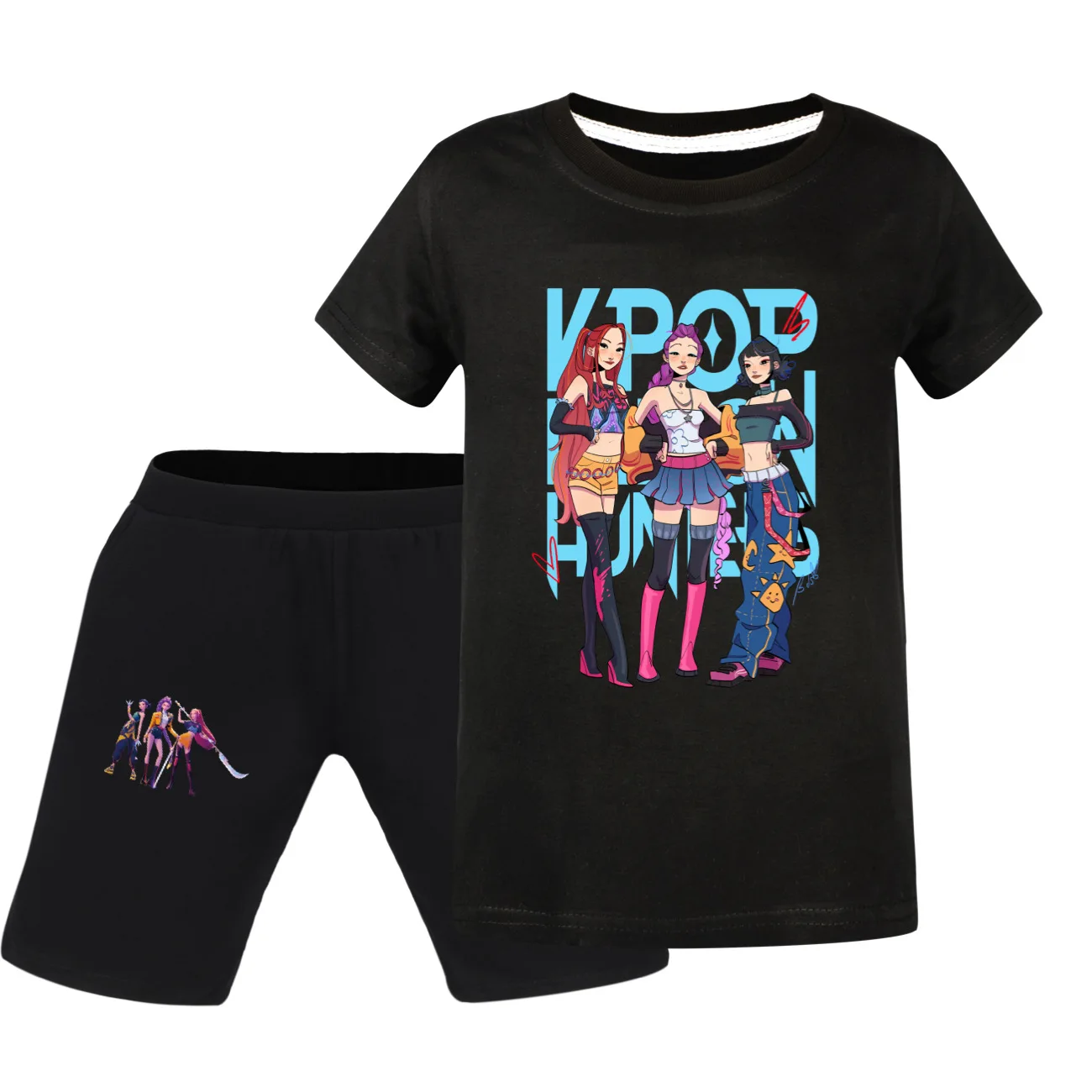 

KPop Demon Hunters Kids Summer Cute Clothes T-Shirt Girls Boys Short Sleeve Tops Shorts 2pcs Set Teenager Outfits Children's Set