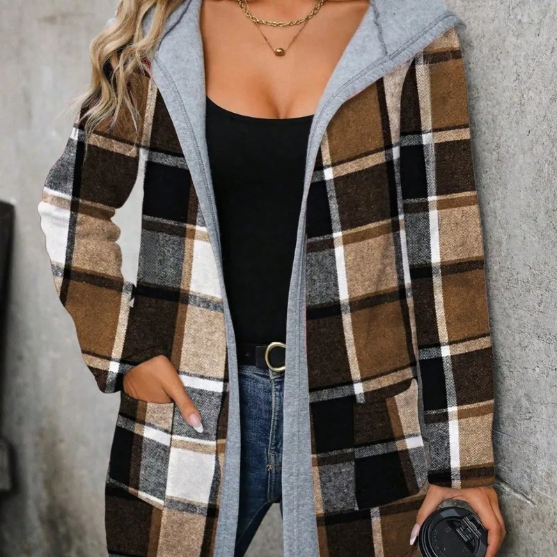 Plus Size Women's Plaid Print Cardigan Jacket Long Sleeve Single-Breasted Warm Drawstring Hoodie Daily Casual Coat
