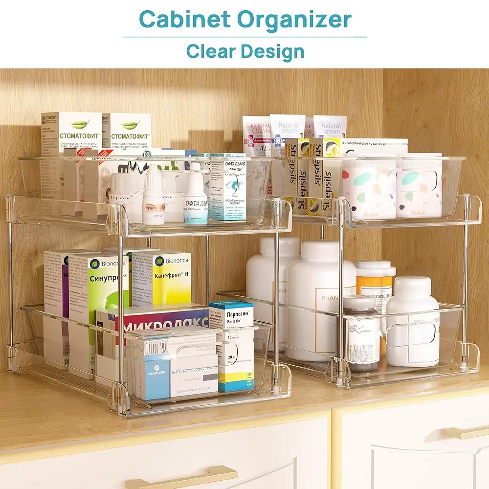 4 Pa Bathroom Organizer, 2 Tier Clear Under Sink Organizers Vanity Countertop Storage Container,Cabinet Drawers Bins, Pull-Out
