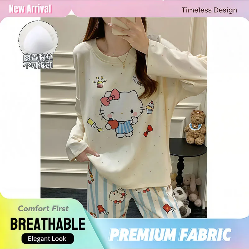 

Sanrio Hello Kitty Women's Pajamas Set New Cartoon Cute Long Sleeve Spring Autumn Student Homewear Kawaii Sleepwear Loungewear