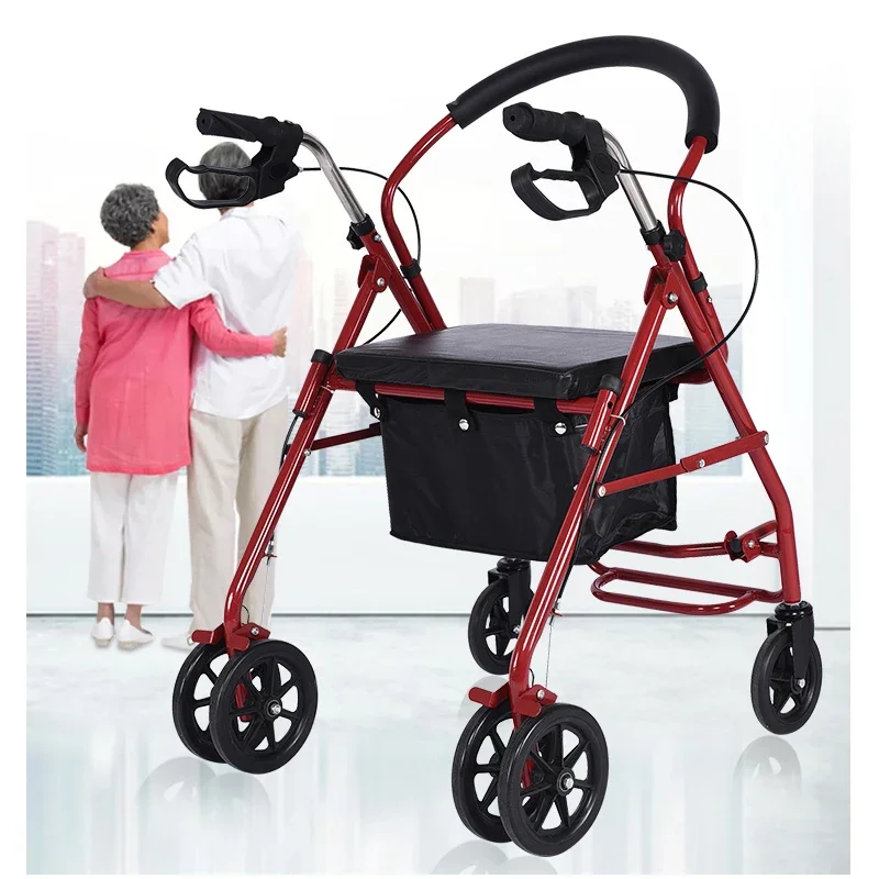 Rollator Folding Walker Portable Patient Adjustable Shopping Medical Outdoor Steel Walking Aids with Seat