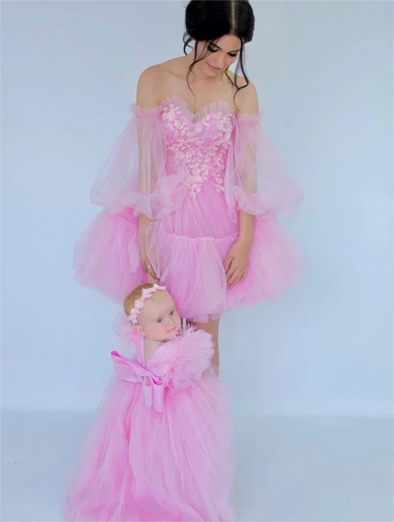 Roze Pluizige Puff Vestidos Moeder Dochter Bijpassende Tutu Jurk Mama En Mij Outfits Voor Babyshower Of Fotoshoot