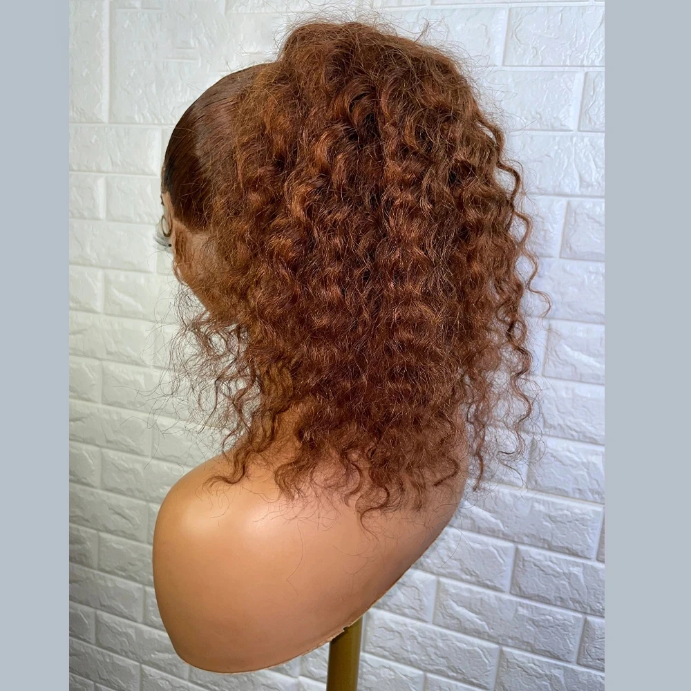 Glueless Ginger Brown Kinky Curly Synthetic Lace Front Wig With Baby Hair Preplucked Long 180%Density Heat Temperature Daily