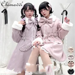 Japanese Sweet Winter Woolen Coat Lolita Style Cute Big Bow Fungus Edge Long Sleeve Slim Kawaii Girls Women Elegant Overcoat