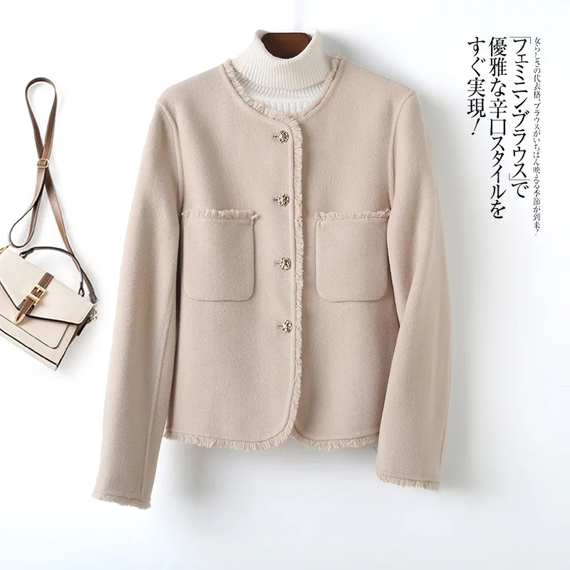 2024 spring new small fragrant wind metal buckle rough edge double-sided cashmere coat small wool coat short women