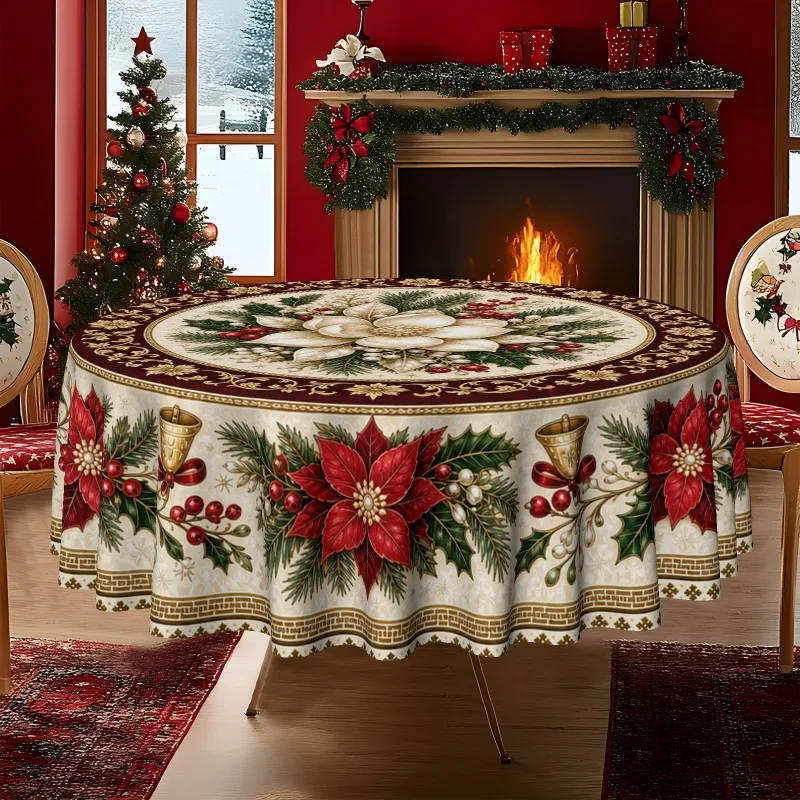 1 tablecloth, Christmas-themed, festive Christmas flower and daisy print tablecloth, suitable for home kitchens and dining rooms