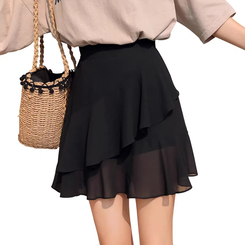 Women High Waist Vintage Ruffled Mini Skirt Boho Summer Sexy Chiffon Skirts Aesthetic Hot Y2k Skirts Solid Color A-line Skirt