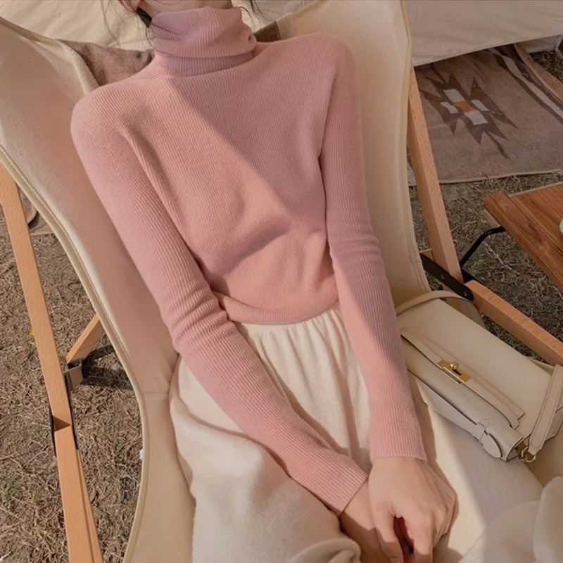 

High Collar Soft Cozy Pure Color Knitted Base Shirt Women's Fashion Autumn Winter Sweater Korean Style Long Sleeve Slim Fit