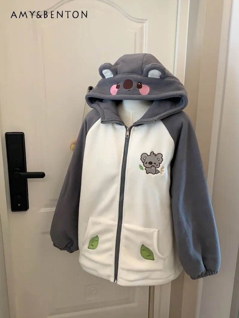 

Милые мультяшные вышитые лоскутные утолщенные куртки с капюшоном на молнии для женщин, зимняя японская милая кавайная свободная повседневная куртка