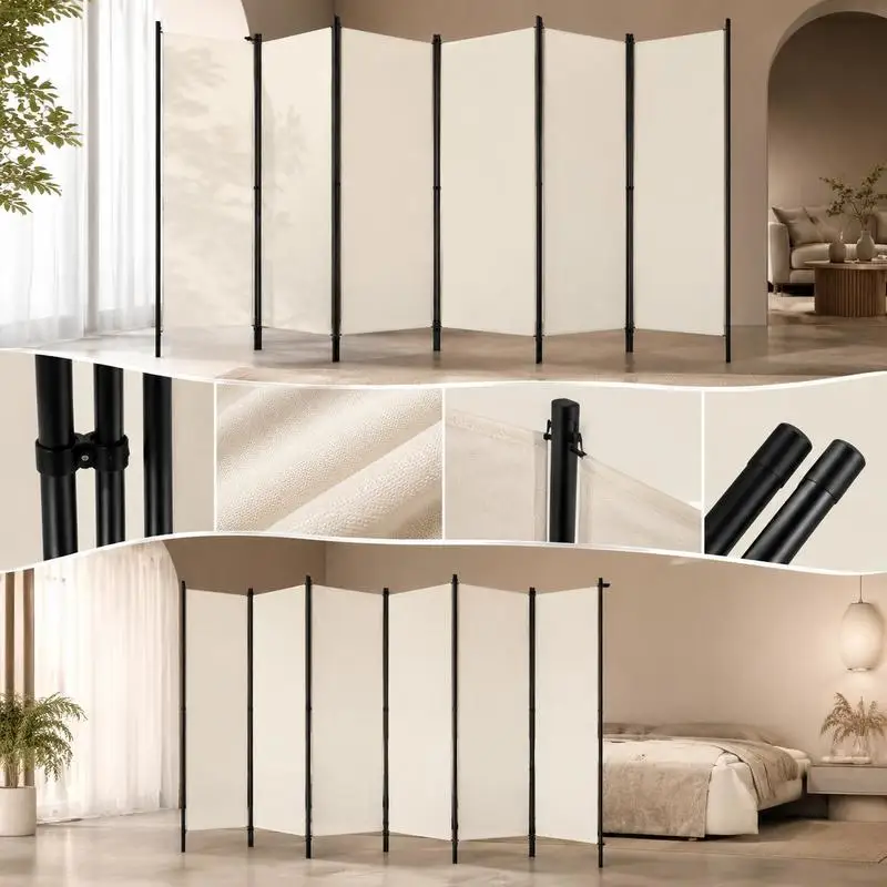 Biombo diviseur blanc 6 panneaux 300×180 cm structure en fer antirouille et tissu polyester. Pliable pour le rangement, crée des espaces privés dans les salons et les chambres, laisse passer la lumière et nécessite un montage.
