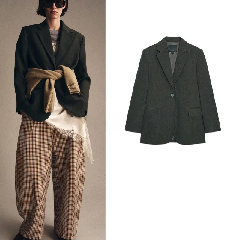 

Loose Wool Blend Long Sve Women's Suit Jaet Casual Sle Autumn Faion Inward Collar Polyester Fiber Casual Scenarios
