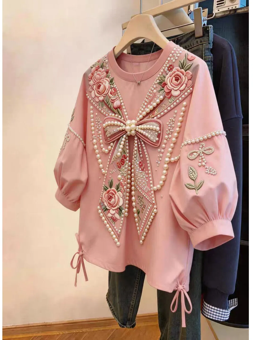 Fashionable Versatile Top Luxury Bead Embellished Summer T-Shirt Korean Style Loose Fit Ladies' Casual Wear Diamond Studded