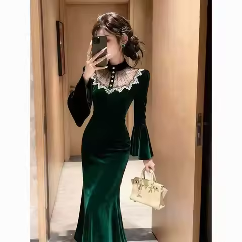 Spring Autumn Green Velvet Patchwork Long Sleeve Elegant Fishtail Dresses Women Clothing Fashion Slim Evening Party Dress