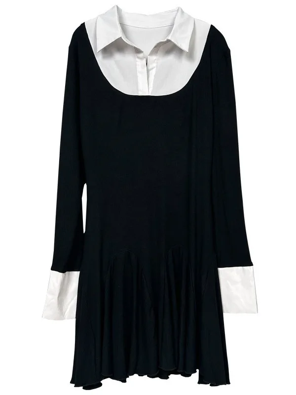 الخريف/الشتاء النسخة الكورية الجديدة بولو التلبيب التباين اللون فستان بكم طويل المرأة Cinching الخصر التفاف الورك فستان قصير F407 #5