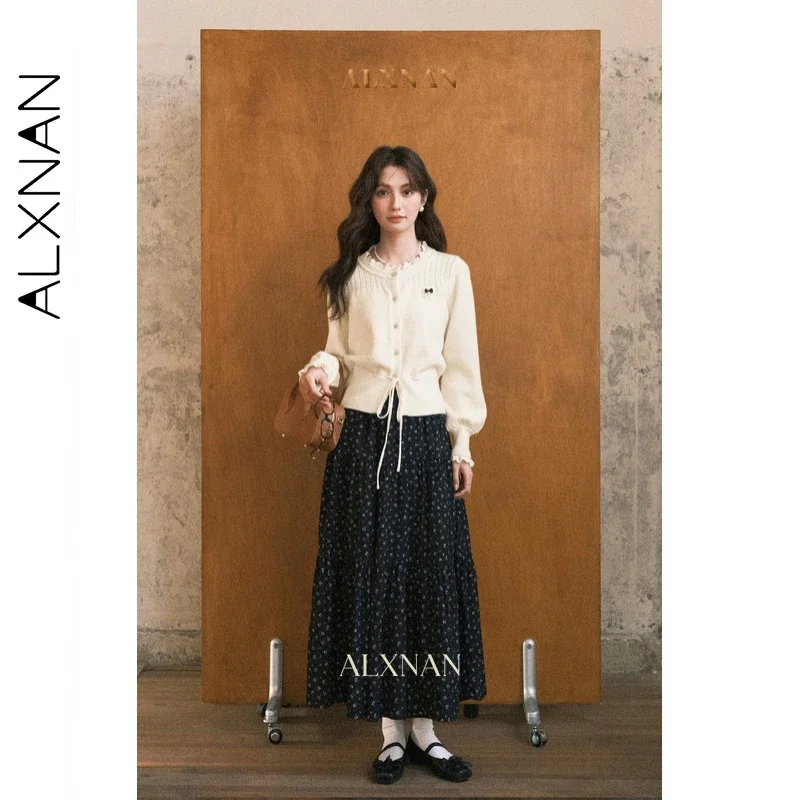 ALXNAN 플러스 사이즈 버튼 가디건 드로스트링 밑단 라운드넥 신축성 니트 스웨터 슬림 엘레강트 특별 따뜻한 여성 상의 D57526