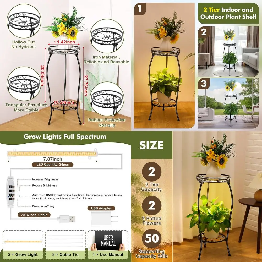 

2-Tier 27 Indoor/Outdoor Plant Stand with Grow Light, Heavy Duty Metal Rack for Home Garden Balcony Patio