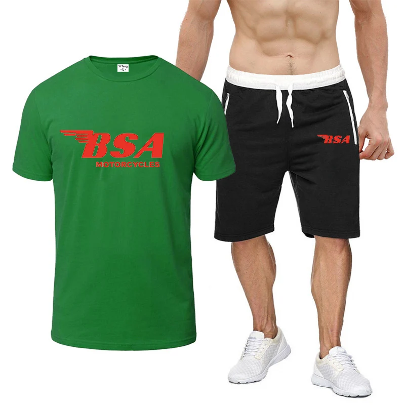 

2025 Summer Men's Bsa Motorcycles Logo Print Round Neck Breathable Short Sleeve Shirt+Sweatpants Fit Sport Comfortable Sets