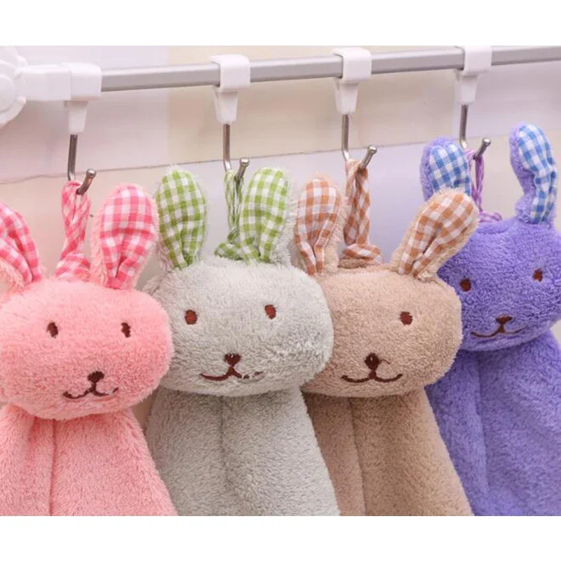 Cute Baby Infant Coral Velvet Hand Towel Cartoon Animal Rabbit Kitchen Hanging Bath Wipe Towel Washcloths Kids Handkerchief