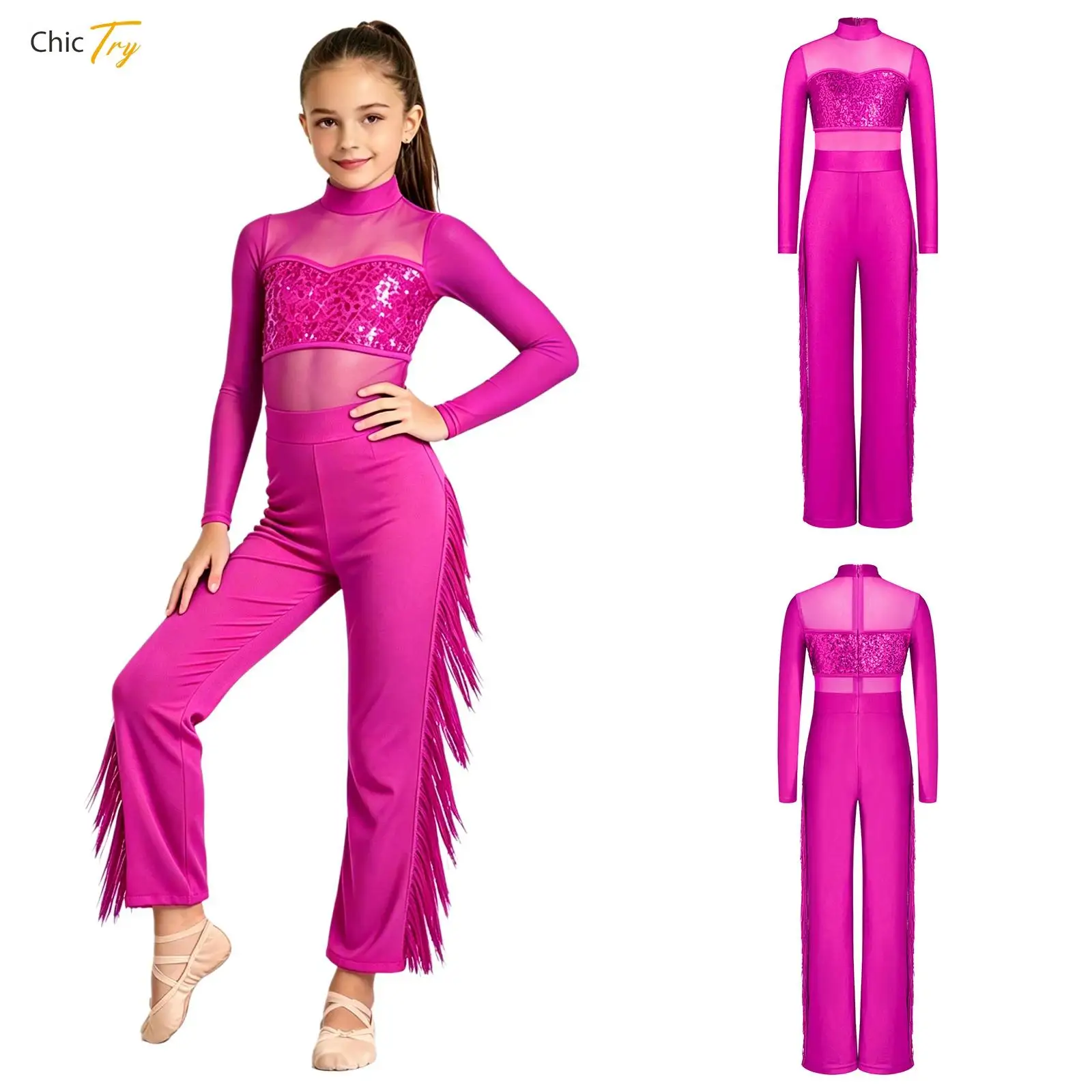 Kids Girls Ballroom Latin Dance Jumpsuit Cha-cha Tango Dancewear Long Sleeve Mesh Sequin Tassel Bodysuit Ballet Lyrical Unitard