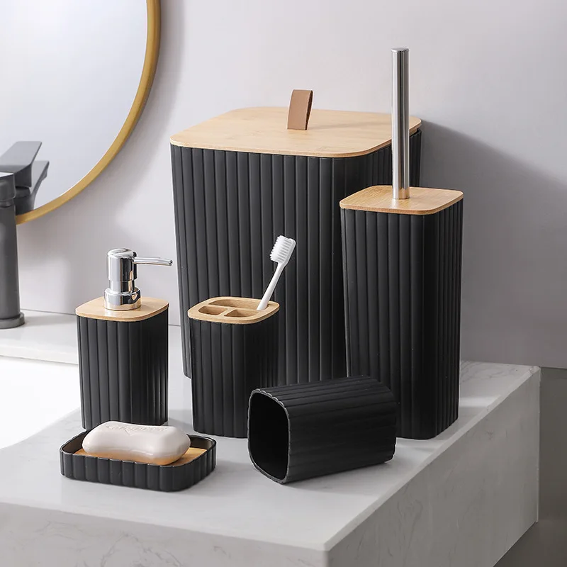 

6pcs/set Bathroom Set With Trash Can Toothbrush Holder Lotion Soap Dispenser Soap Dish Toilet Brush Bathroom Accessories Set
