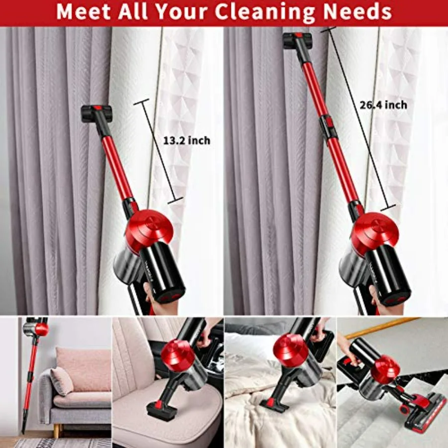 Cordless handheld stick vacuum for home hard floor and car cleaning, ABS plastic body, black color, 18000Pa suction with 2200mA