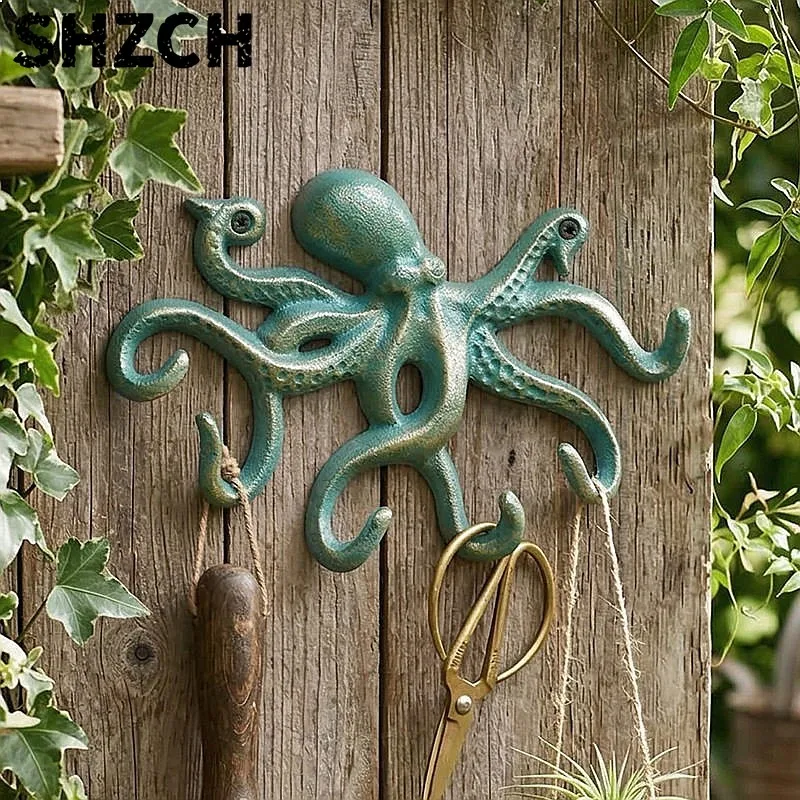 Octopus Wall Hooks Decorative Cast Iron Key Holder, 6 Arms Coat Towel Hanger for Wall